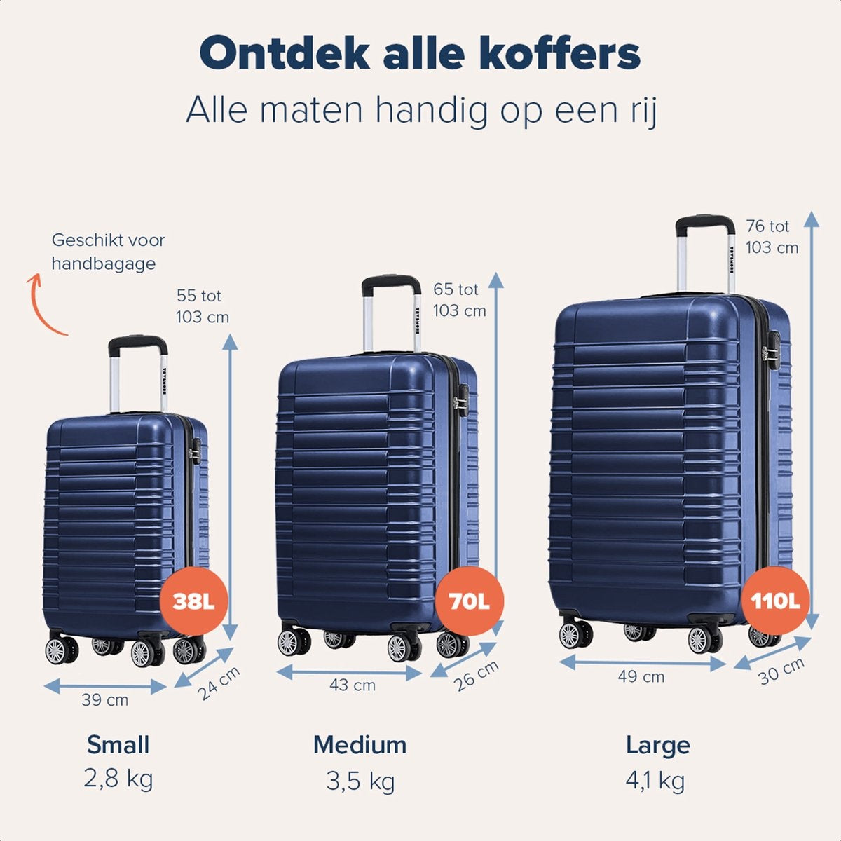 TRVLMORE Kofferset - 2 Delig - 38L Handbagage + 110L Ruimbagage - Donkerblauw