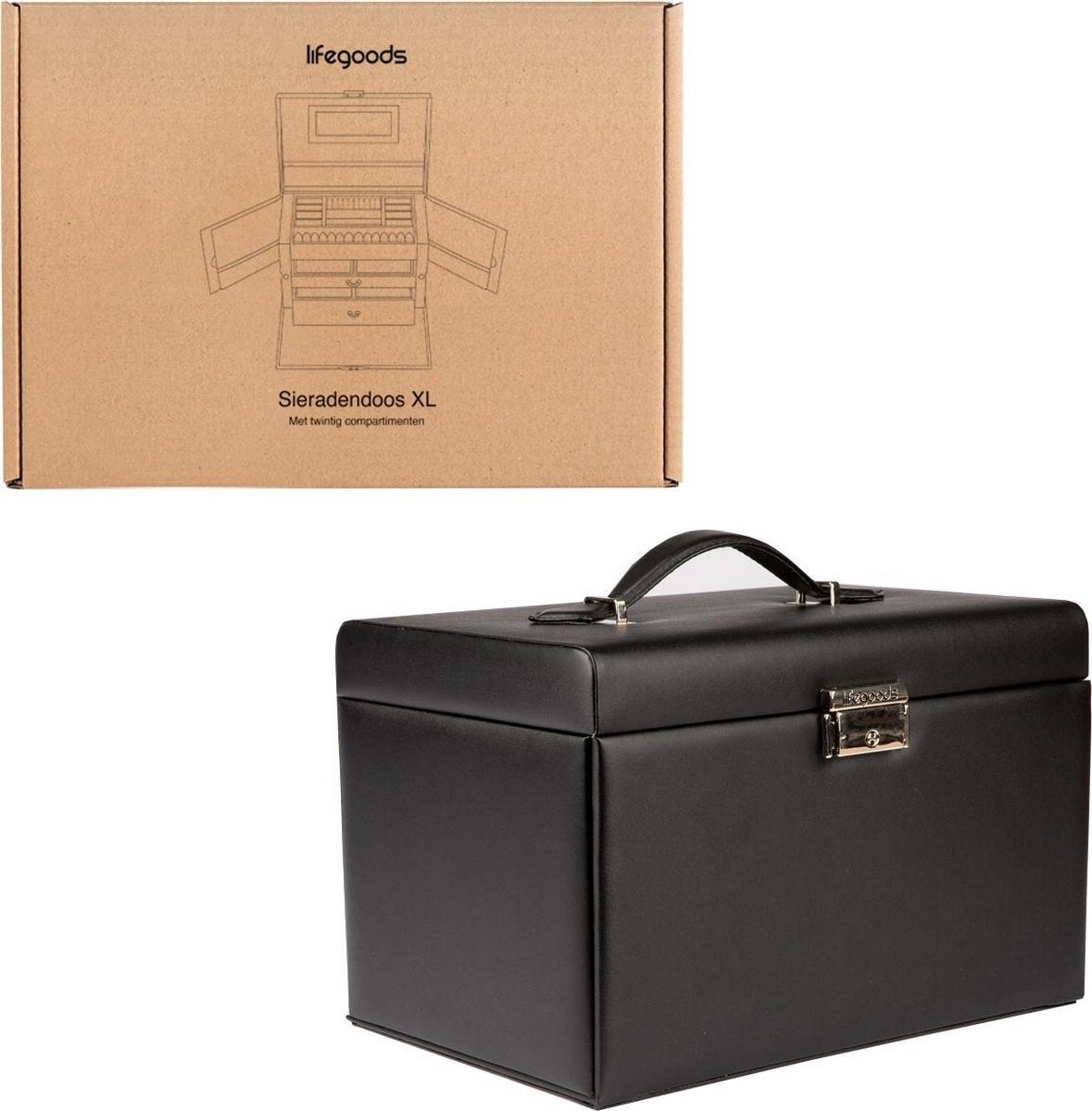 LifeGoods Sieradendoos XL - Juwelendoos - 20 Vakken - Zwart/Beige