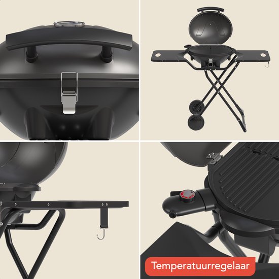 KitchenBrothers Elektrische BBQ - Opvouwbaar - Wielen - Zijtafels - 2400W - 250°C - 49 cm - Donkergrijs