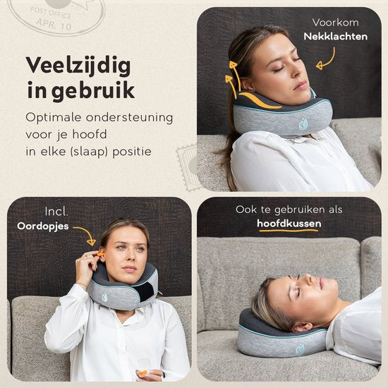 TRAVARA Nekkussen - Reiskussen - Voor Vliegtuig - Auto - Traagschuim - Memory Foam - Met Oordoppen - Grijs