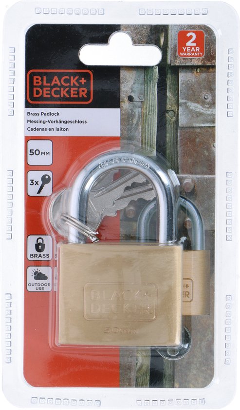 BLACK+DECKER Hangslot met Sleutel - 50mm - Incl. 3 Sleutels - Massief Messing Slot