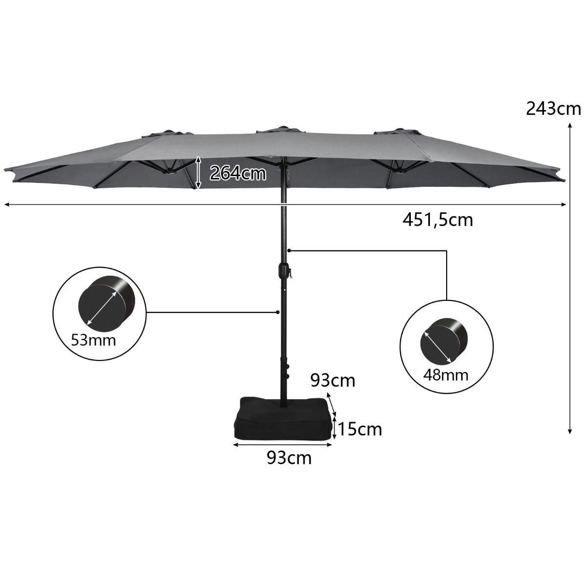 Coast Dubbele Parasol met Standaard - extra groot schaduwoppervlak - stevige metalen basis - grijs 451,5 x 264 cm