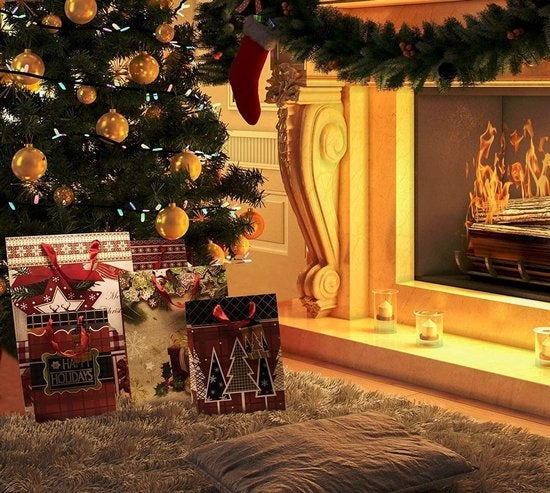 Assortiment van 12 kerstcadeauzakjes met touwhandvaten en bijpassende cadeau-etiketten - 4 Grote (31 x 40 cm), 4 Middelgrote (26 x 32 cm) en 4 Kleine (18 x 24 cm)
