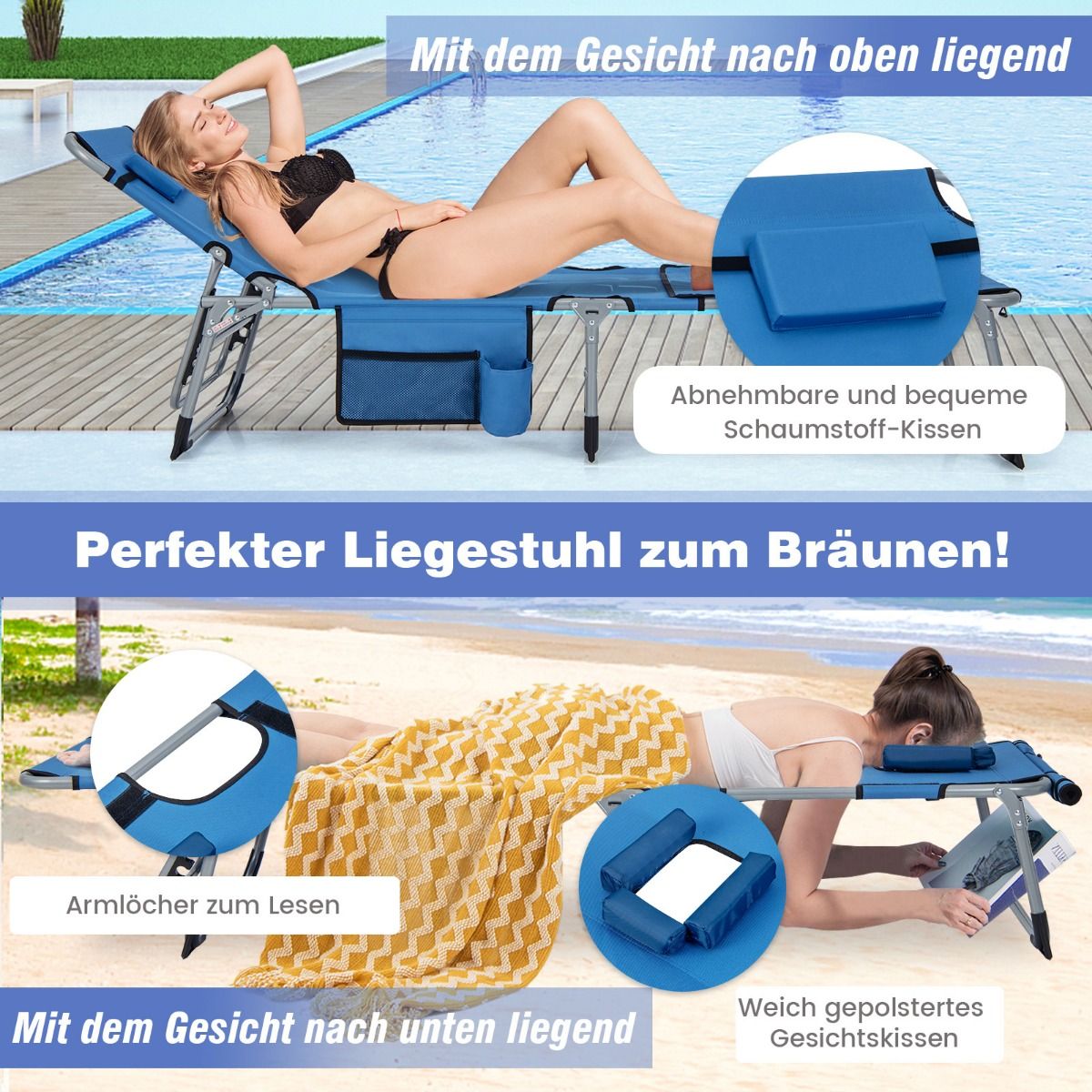 Coast Opvouwbare Ligstoel - met gezichtsopening en verstelbare rugleuning - marineblauw