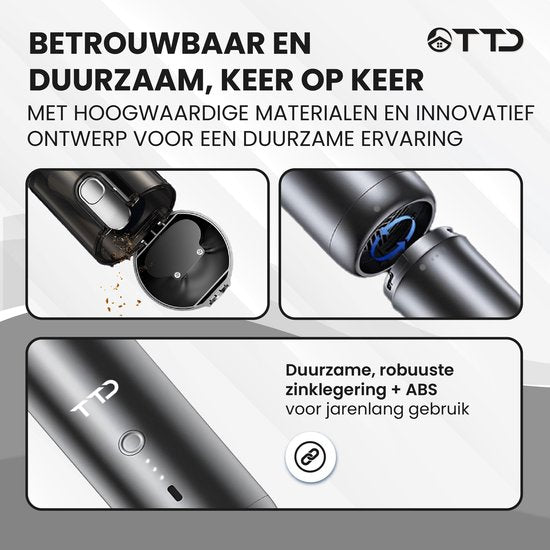 TTD® Premium Auto Stofzuiger Draadloos en Oplaadbaar - 17.000 Pa - Kruimeldief Snoerloos - Handstofzuiger - Blazen & Zuigen - Hittebestending - Compact design - Met HEPA-filter