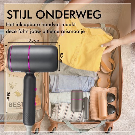 BAESS Föhn met diffuser - Reisföhn Inklapbaar - Ionische Haardroger - 2000W - Coolshot - Krullen - Haarföhn - Hair Dryer - Grijs