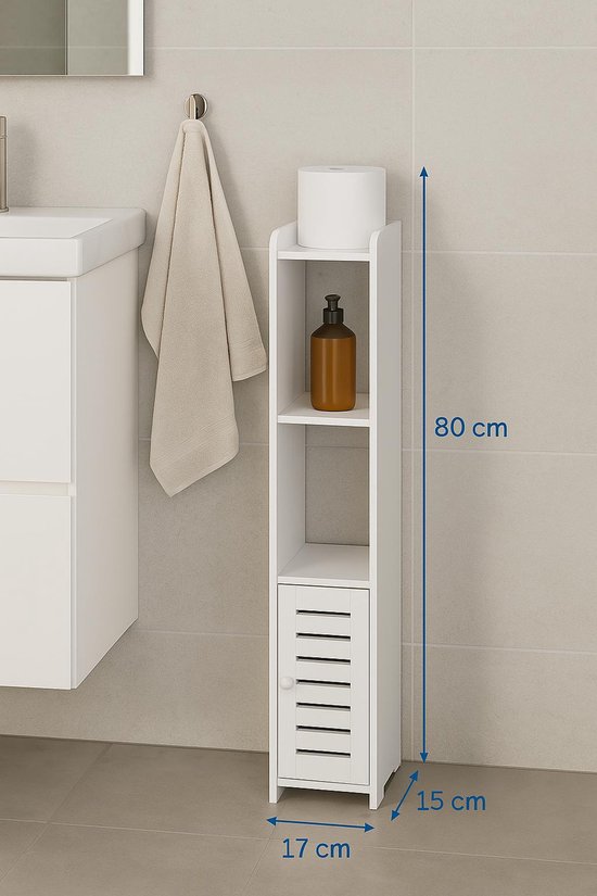 Badkamerkast – Smal Opbergkastje – MDF – 80 cm Hoog – Wit – Voor Toilet of Badkamer
