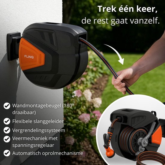 FlinQ Tuinslanghaspel 30 meter - Slanghaspel Automatisch - 180° draaibare Muurhaspel - Wandslangenbox met Tuinslang, Haspel en Sproeikop - 9 Sproeistanden