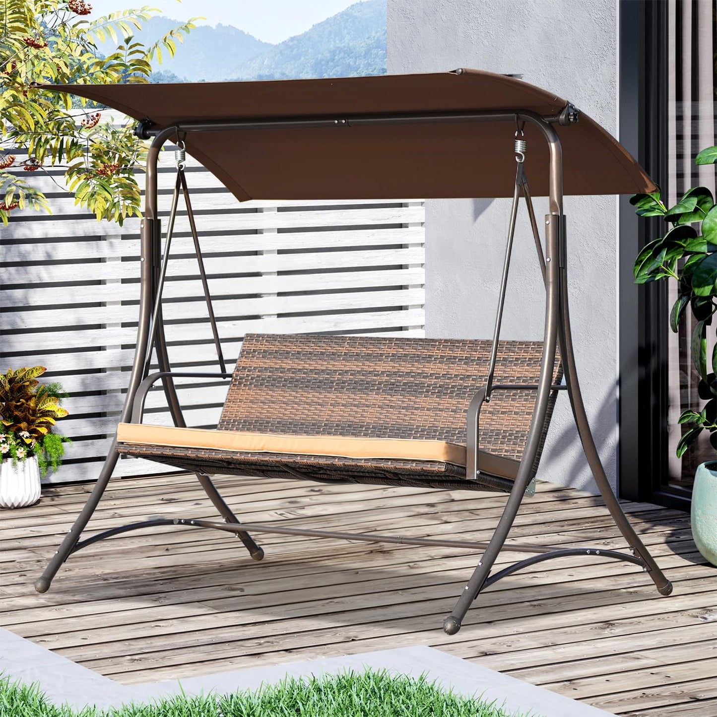Angel Living - Hollywood schommel - rotan tuinschommel 3 zits - verstelbare zonneluifel - bruin - 170 x 110 x 152 cm