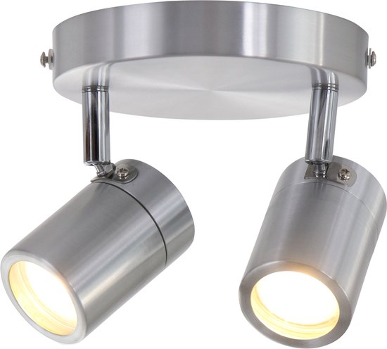 Staalkleurige 2-lichts spot Upround 2487ST - Draaibaar en kantelbaar - Modern design - Inclusief lichtbronnen - Mexlite - Geschikt voor binnen gebruik, IP44, max. diepte 15 cm