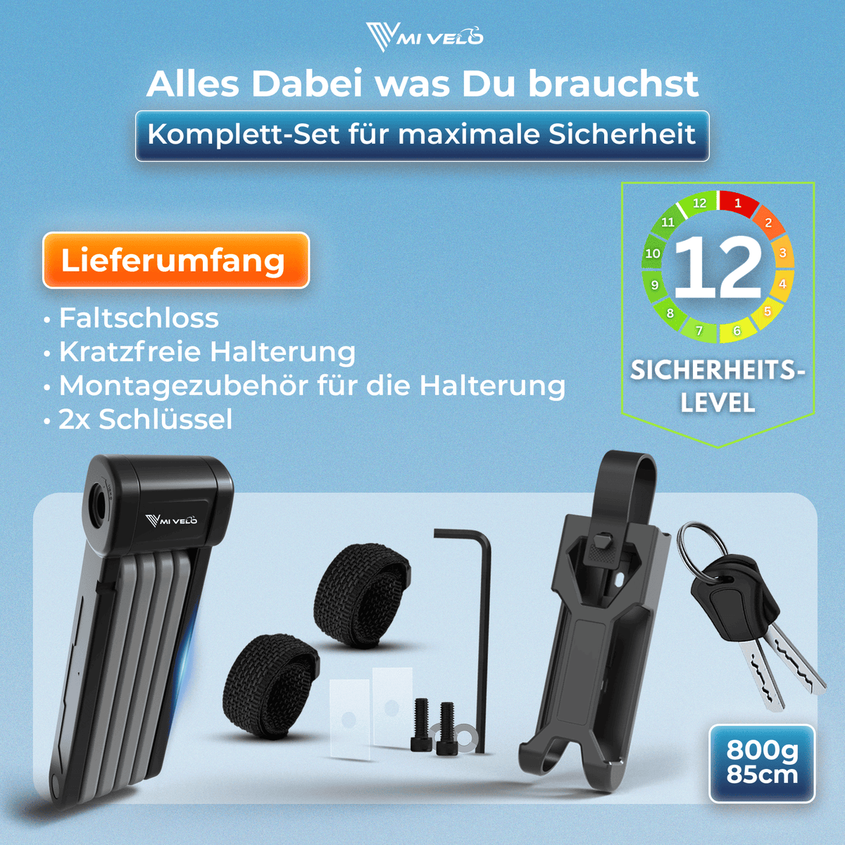 MIVELO Fietsslot Faltschloss met Sleutel – 85 cm – Zwart – Koolstofstaal