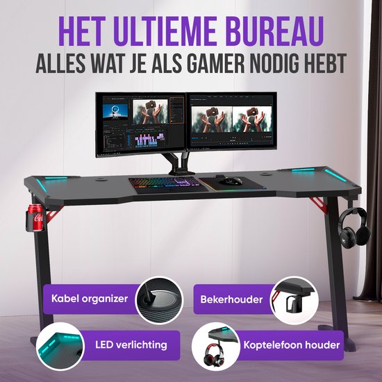 Avalo Gaming Bureau - 140x60x73 CM - Game Desk Met LED Verlichting - Gaming Desk - Tafel - Zwart