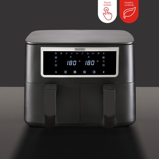 Bourgini Duo Heteluchtfriteuse 2 x 4.0L - PFAS vrij - Airfryer XXL - 2 laden met synchronisatie functie - Touchscreen - 8L - 2600W - Zwart