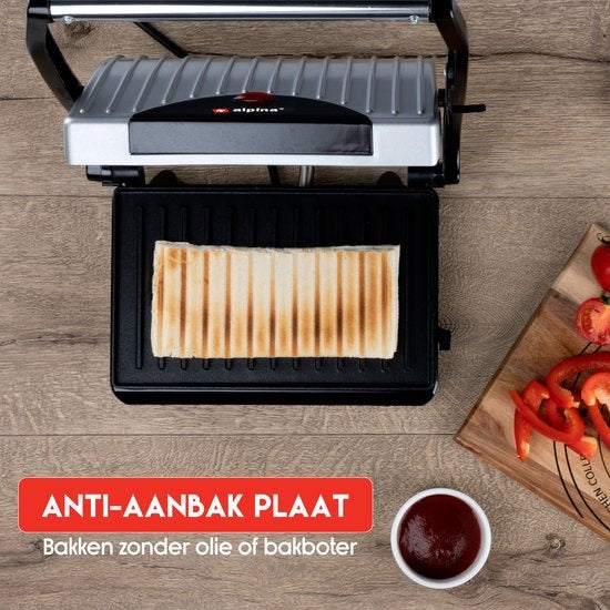 alpina Contactgrill - Tosti Apparaat - Anti-Aanbaklaag - 700W - RVS/Zwart