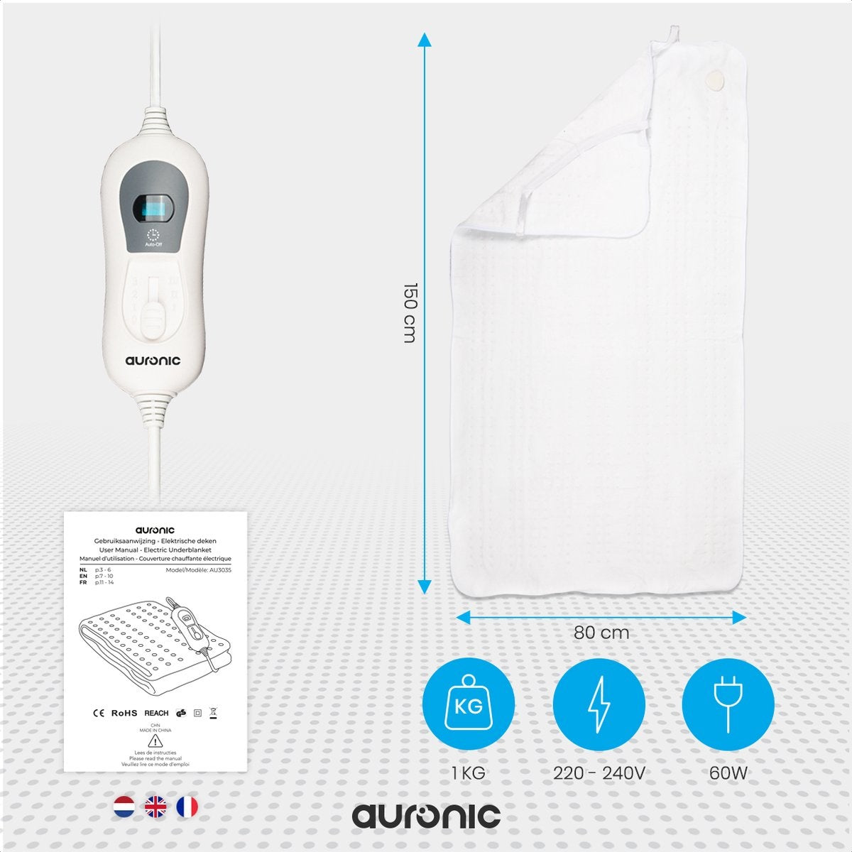 Auronic Elektrische Onderdeken - 1 Persoons - 150x80cm - met Hoekelastieken - Wit