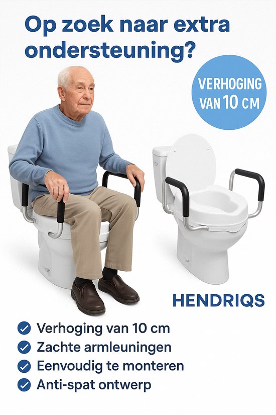 Hendriqs® WC Verhoger 10 cm met Armsteunen & Deksel - Toiletverhoger met Armleuning - Verhoogde WC Bril - Verhoger Volwassenen & Senioren - Toiletstoel in Hoogte Verstelbaar - WC Verhoging - Toiletbril Verhoger