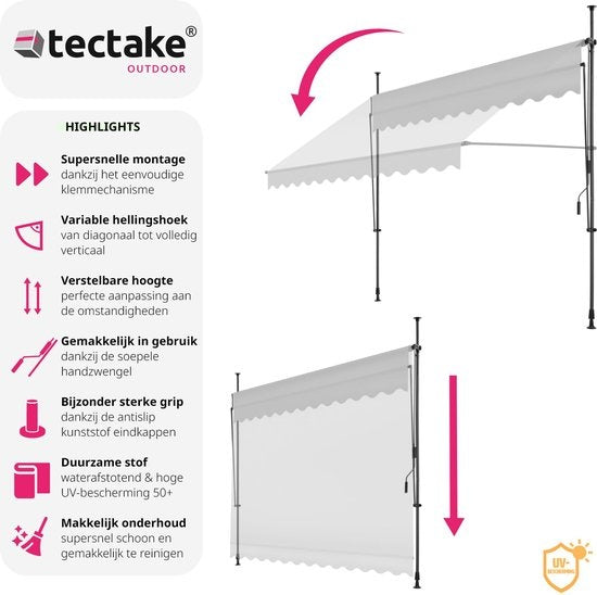 tectake - klemluifel - Zonnescherm – Zonneluifel - Verstelbaar - Klem-zonwering - Zonnescherm Balkon - 300 x 180 cm - lichtgrijs – zonwering - 404963