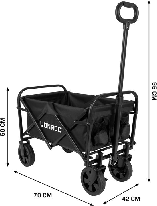 VONROC Bolderkar – Compact model – Opvouwbaar – 60 kg draagvermogen – 50l inhoud – Massieve anti-lek wielen – Stevig stalen frame – Polyester 600D – Zwart