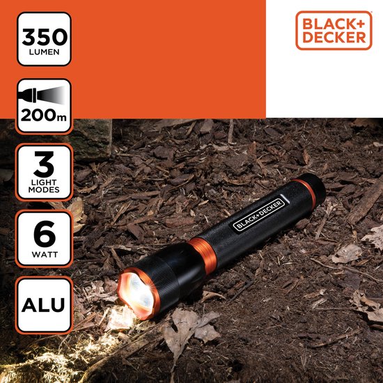 BLACK+DECKER LED Zaklamp 350 Lumen - 6W - 200M Bereik - 3 Lichtstanden: Hoog, Laag, Pulserend - Zwart/Oranje