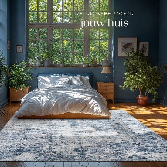 tectake® Vintage design tapijt - laagpolig vloerkleed - Boho vloerkleed - Voor woonkamer, slaapkamer, kinderkamer of tienerkamer - Wasbaar - 240cm x 340cm - blauw