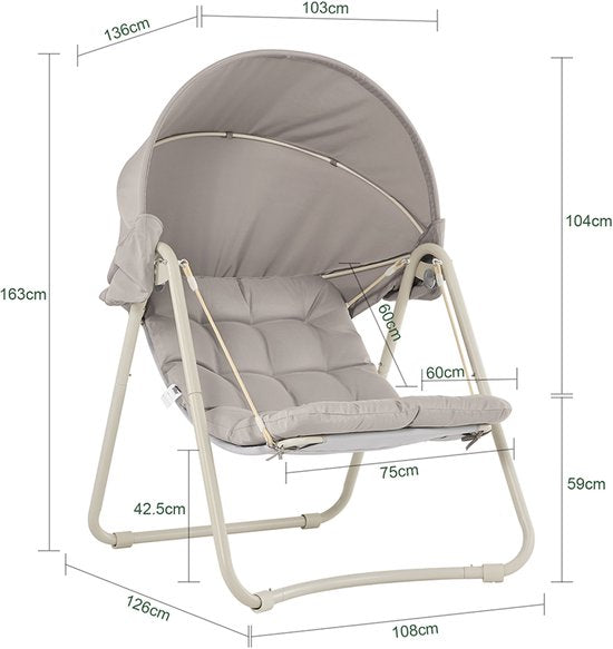 SoBuy OGS62-MI Schommelstoel met verstelbare parasol - Voor Binnen en Buiten - hangmat en Tuinstoel voor buiten - beige, 108 x 126 x 163 cm