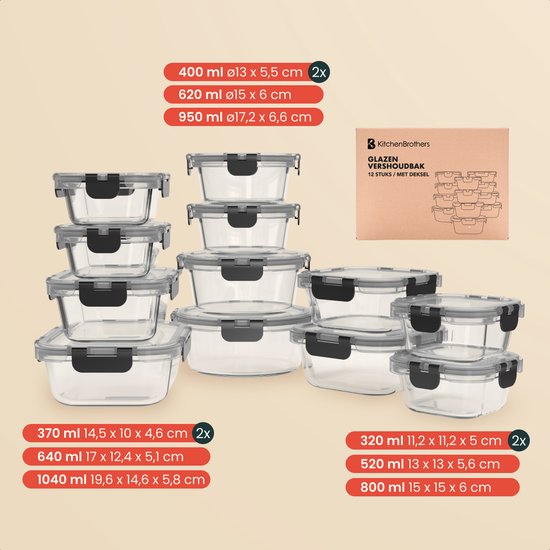 KitchenBrothers Meal Prep Bakjes Set - Glazen Vershoudbakjes - Luchtdicht - BPA-vrij - Diepvriesbakjes - Bewaarbakjes - 6,79L - Glas - 12 Stuks