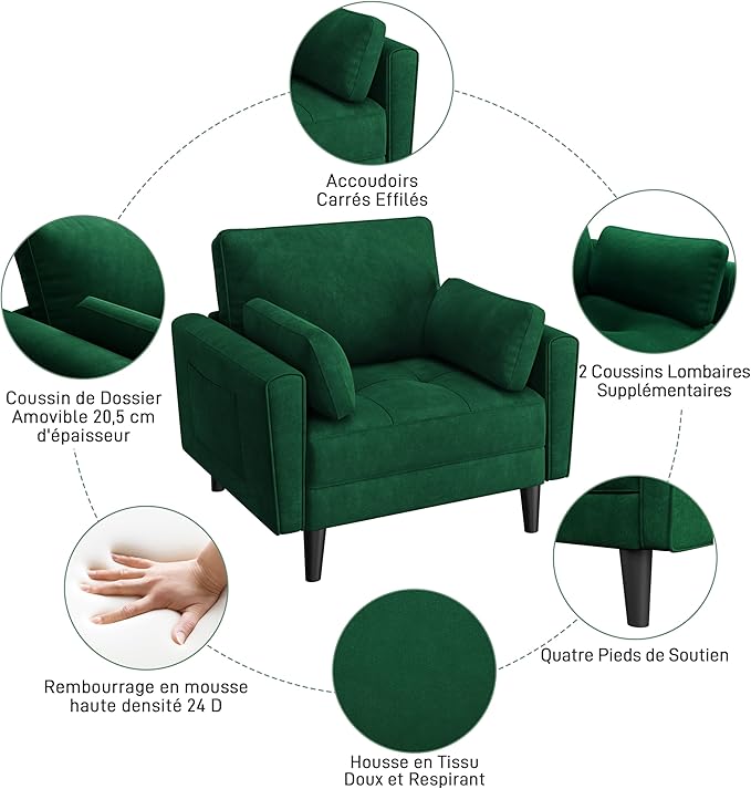Yaheetech Moderne Woonkamerfauteuil met Armleuningen en Zakken Relaxfauteuil met Kussens Houten Frame Stoffen Slaapkamerfauteuil voor Woonkamer Groen