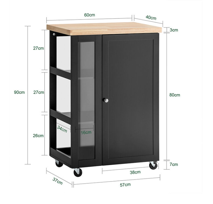 SoBuy Keukentrolley - 1 Deurs & 3 Planken - 60x90x40cm - Zwart