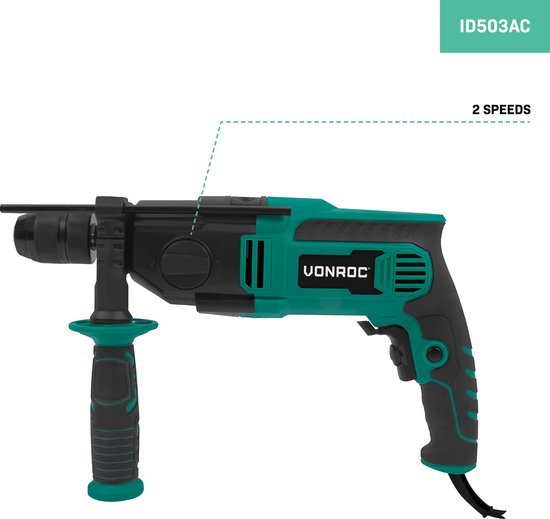 VONROC PRO Klopboormachine 1100W - Ø13mm - 2 versnellingen – metalen snelspanboorkop – 3m rubberen kabel - Incl. diepte aanslag en extra handgreep