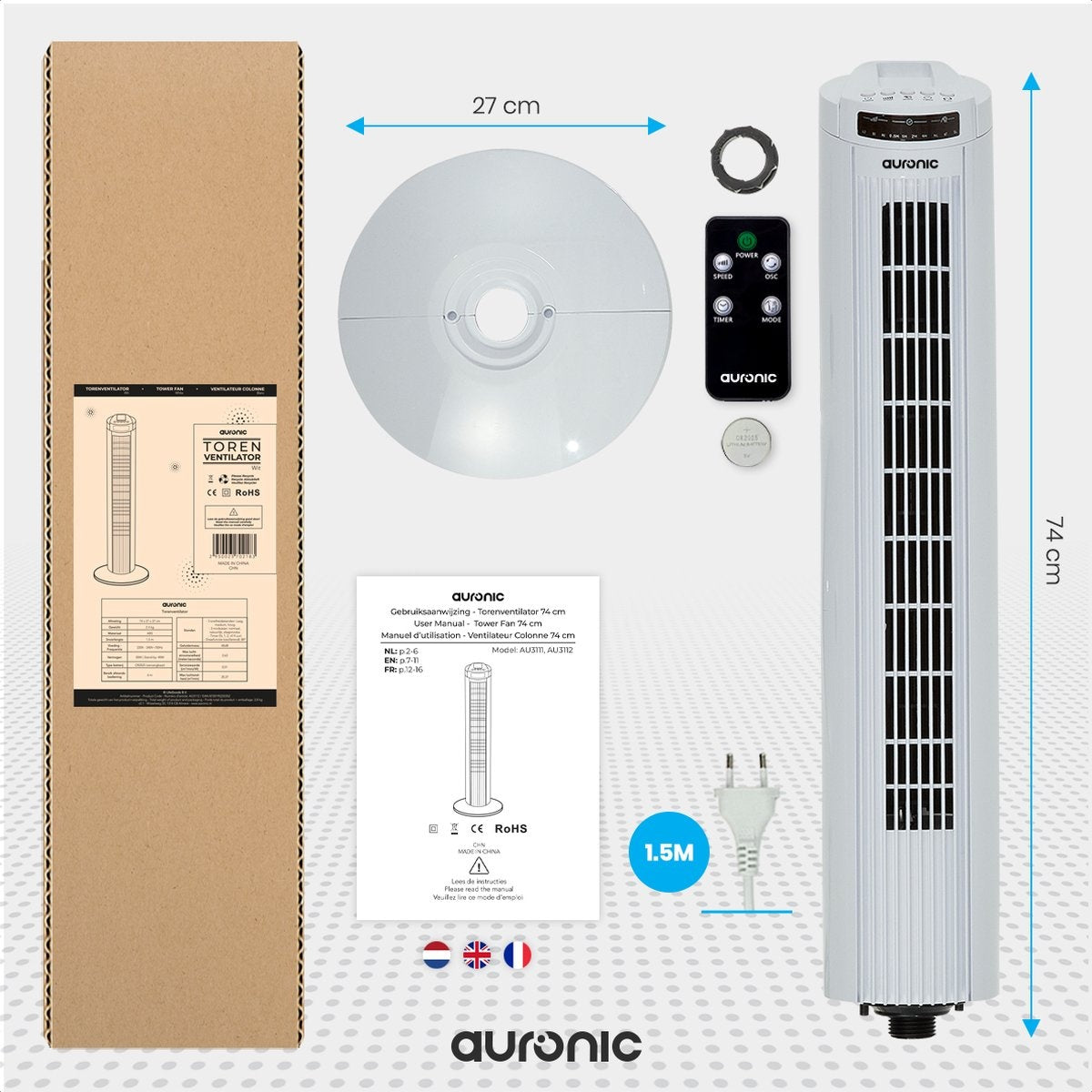 Auronic Torenventilator - Staande Ventilator met Afstandsbediening - Timer - 50W - 45dB - 74cm - Wit