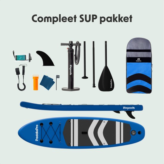 LifeGoods PaddlePro SUP Board - Opblaasbaar Paddle Board - Compleet Set - Max. 150KG - 320x81cm - Blauw