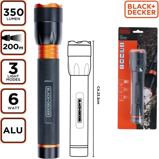 BLACK+DECKER LED Zaklamp 350 Lumen - 6W - 200M Bereik - 3 Lichtstanden: Hoog, Laag, Pulserend - Zwart/Oranje