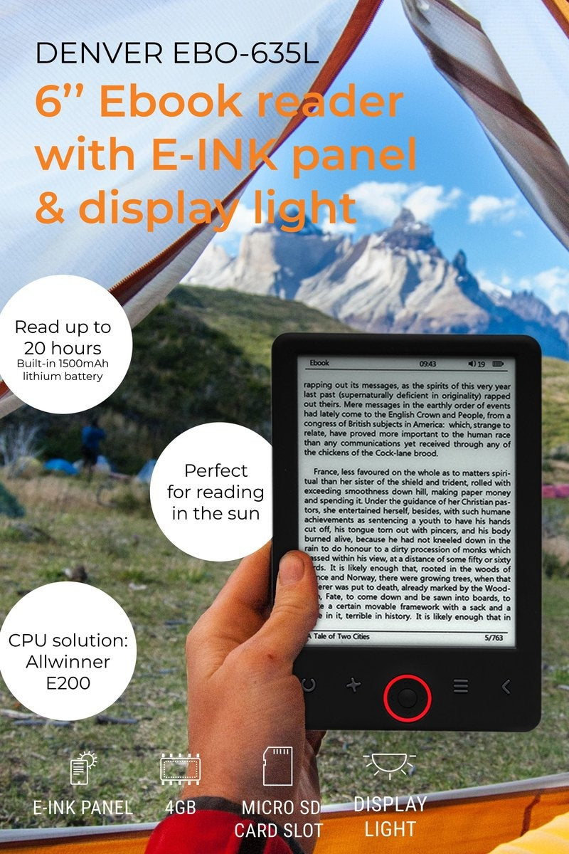 Denver E Reader 6 inch - Display Verlichting - E book Reader - E Ink - Ondersteuning tot 32GB - EBO635L - Zwart
