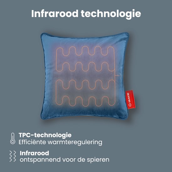 Auronic Warmtekussen - Velvet - 45x45 - Draadloos - Oplaadbaar - Elektrisch kussen - Infrarood - Blauwgrijs