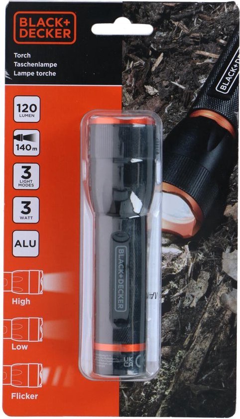 BLACK+DECKER LED Zaklamp 120 Lumen - 3W - 140M Bereik - 3 Lichtstanden: Hoog, Laag, Pulserend - Zwart/Oranje