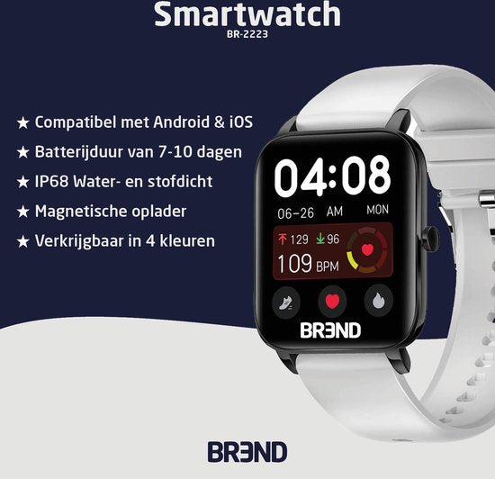 BREND Smartwatch voor Dames en Heren - Stappenteller, Bloeddrukmeter en Hartslagmeter - Sporthorloge - Waterdicht – Wit