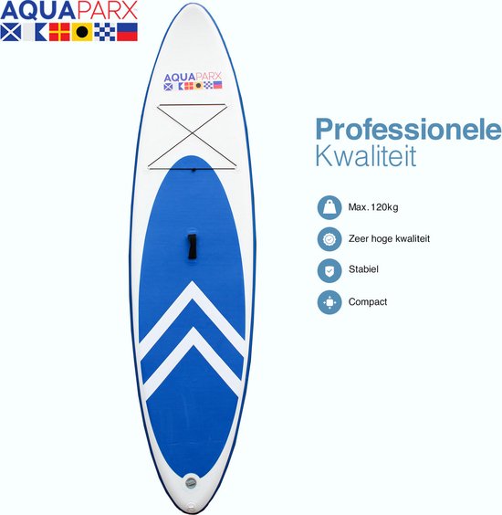 AQUAPARX MKII Professional Sup Board - Opblaasbaar peddelboard - voor beginners en gevorderden - 1 persoon - compleet geleverd - wit/blauw