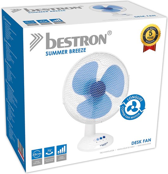 Bestron Tafelventilator Ø 35cm, Ventilator met 3 snelheidsstanden & 75° graden draaifunctie, 40Watt, DDF35W, kleur: wit
