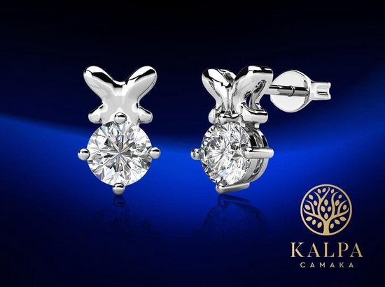 Yolora Dames Oorbellen met Kalpa Camaka Kristallen - Zilver kleurig - 18K Witgoud Verguld - Oorknoppen - Moederdag Cadeautje