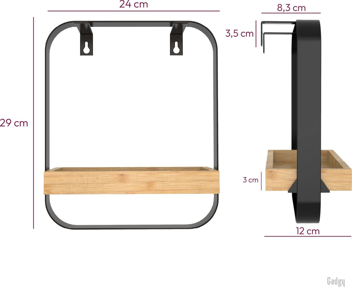 Gadgy Wandplank Metaal Hout Zwart - Wandrek - Wandbox - Wanddecoratie Industrieel - Muurdecoratie - 29x24CM
