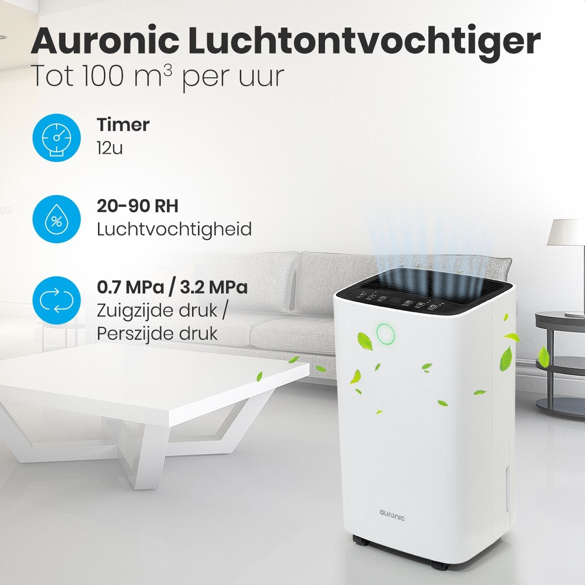 Auronic Luchtontvochtiger – 2 Liter Reservoir, 185 W, Voor Ruimtes tot 20 m² – 30,5 x 26,5 x 52 cm – Wit