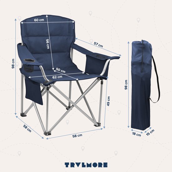 TRVLMORE Campingstoel - Opvouwbaar - XL - Comfortabele Vouwstoel - 150 kg draagvermogen - Drankhouder - Koelvak - Visstoel - Klapstoel - Blauw