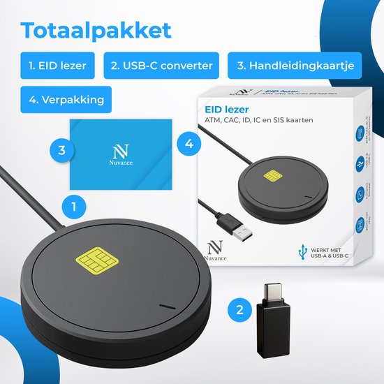 Nuvance Id Kaartlezer - eID Reader België - Voor Belgische Identiteitskaart, Bankkaart & Bedrijfspas - Identiteitskaartlezer Usb