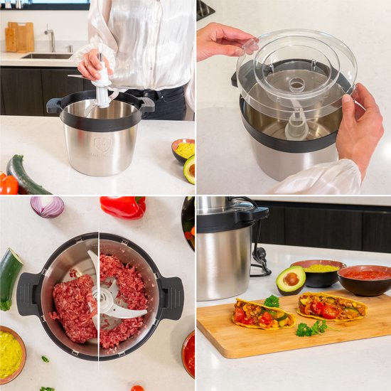 AoraKitchen Hakmolen - 5 Liter - 2 Snelheden - Chopper - 2000W - Elektrisch - 4 RVS Messen