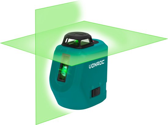 VONROC Kruislijnlaser - 360° - groen - 4V accu - 2600mah - zelfnivellerend - ±40 meter bereik - goede zichtbaarheid bij fel licht - Incl. bevestigingsbeugel, USB-C kabel & opbergtas