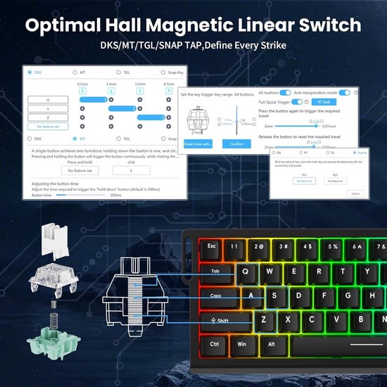 Mide68 - 65% Bedraad Gaming Toetsenbord - RGB Verlicht toetsenbord - Hall Effect Rapid Trigger Mechanisch Toetsenborden - Hot Swap - 8K Hz - 0.01mmRT - 0.125ms - Zij Bedrukte toetsen - 68 Keys -Beste prijs-kwaliteitverhouding - Edele zwarte