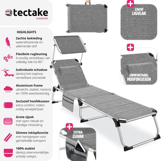 tectake® - Ligbed Lorella gestoffeerd, inklapbaar - grijs gemeleerd - 220 x 60,5 x 34 cm, met zijvak