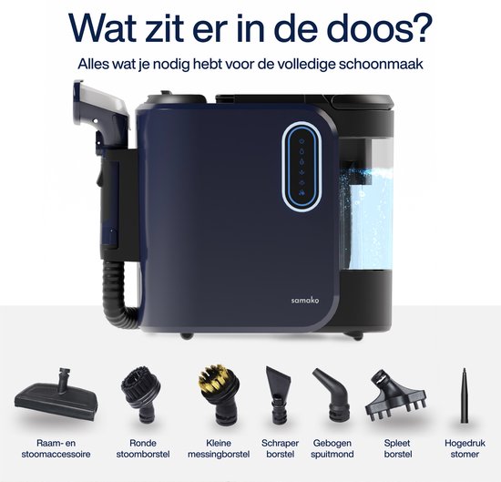 Tapijtreiniger PowerClean Pro 1800W - Stoomreiniger en vlekkenreiniger - 8 Opzetstukken - 100° Stoom - Bankreiniger - Meubelreiniger - Handstomer - Matrasreiniger - Samako