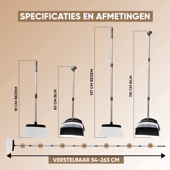 TTD® Stoffer en Blik met Lange Steel XXL - Verstelbaar 54-263 cm - Bezem - Bezemsteel - Grijs & zwart - Veger en Blik - Vuilblik voor Binnen en Buiten - Ingebouwde Schoonmaaktanden