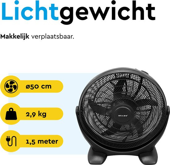BRASQ Vloerventilator - 50 cm - Zwart - 3 snelheden - Ventilator Staand - Verstelbaar - 90 Watt